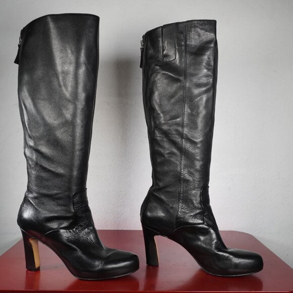 Women's Nine West Black Leather Knee High Heel Platform Fashion Boots 8 - Picture 6 of 9